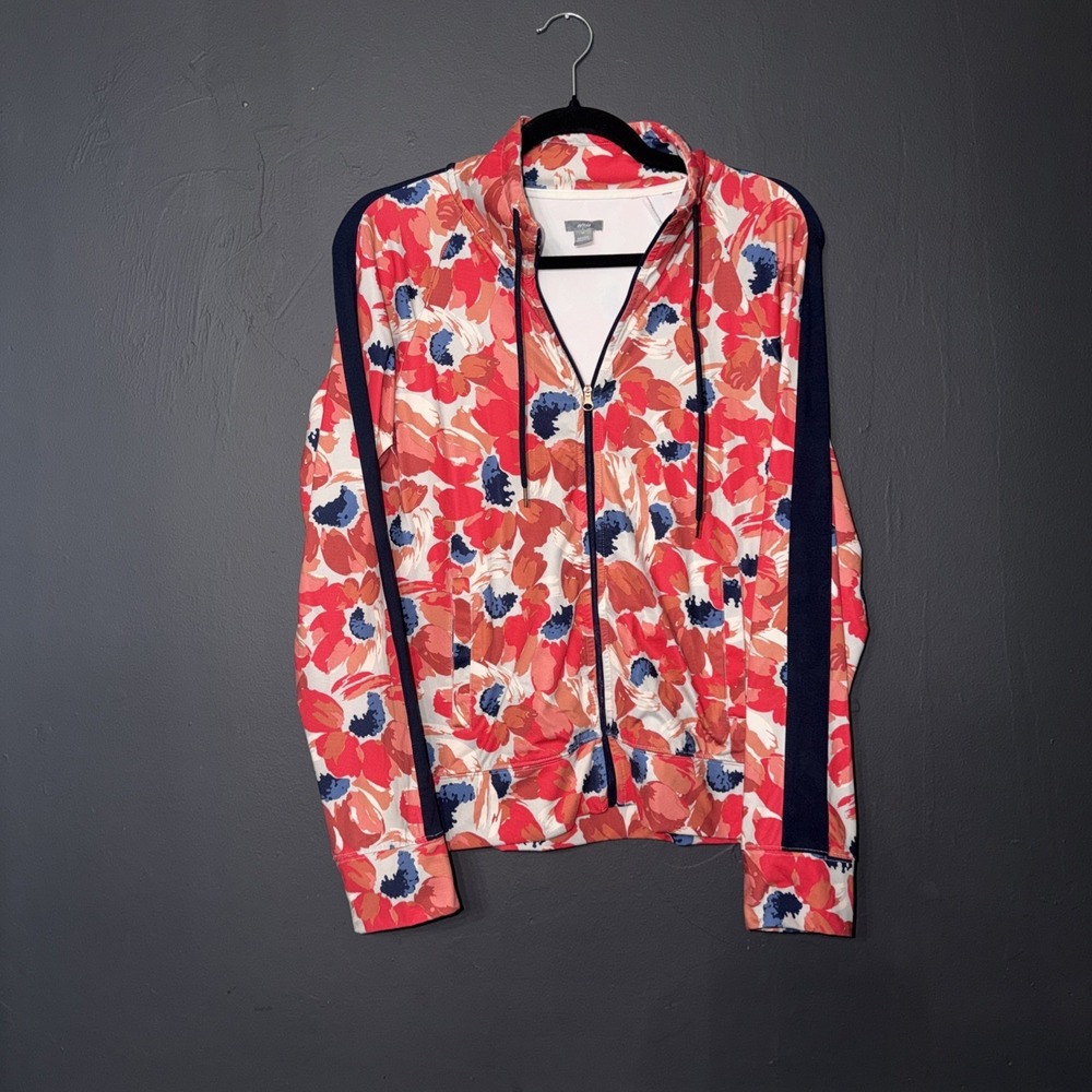 Aerie Track Jacket Floral Print Side Stripe Medium Red Blue Zip Up Athleisure